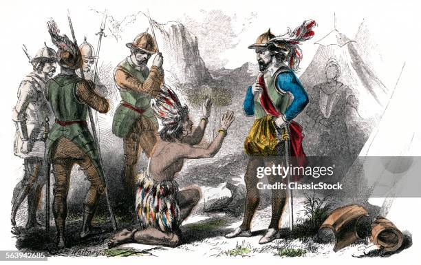 1500s LAST INCA EMPEROR ATAHUALPA KNEELING BEFORE SPANISH CONQUISTADOR PIZARRO