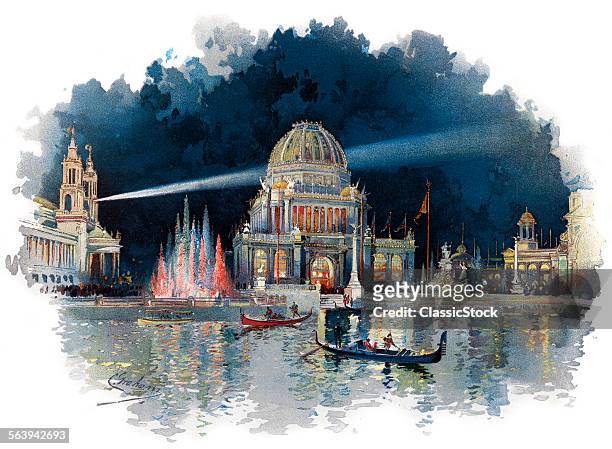 1890s NIGHT IN GRAND COURT OF WORLD COLUMBIAN EXPOSITION KNOWN AS CHICAGO WORLD'S FAIR BEAUX ARTS ARCHITECTURE 1893