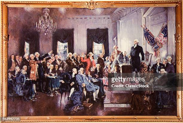 HOWARD CHANDLER CHRISTY PAINTING SCENE AT SIGNING OF CONSTITUTION OF UNITED STATES OF AMERICA SEPTEMBER 17 1787