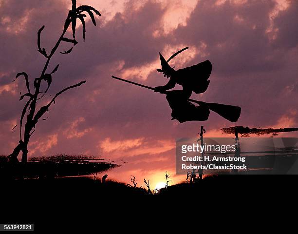 DIGITAL COMPOSITE SUNSET AND SILHOUETTE OF WITCH RIDING FLYING ON A BROOMSTICK