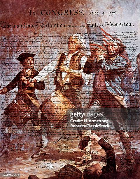MONTAGE OF PAINTING BY ARCHIBALD M. WILLARD OF SPIRIT OF '76 AND THE DECLARATION OF INDEPENDENCE
