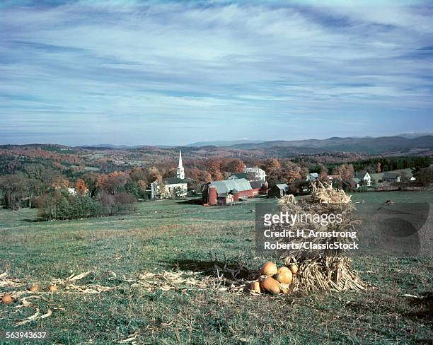 1950s HARVEST CORN PUMPKIN VIEW OF PEACHAM VERMONT SMALLTOWN CHURCH FARM