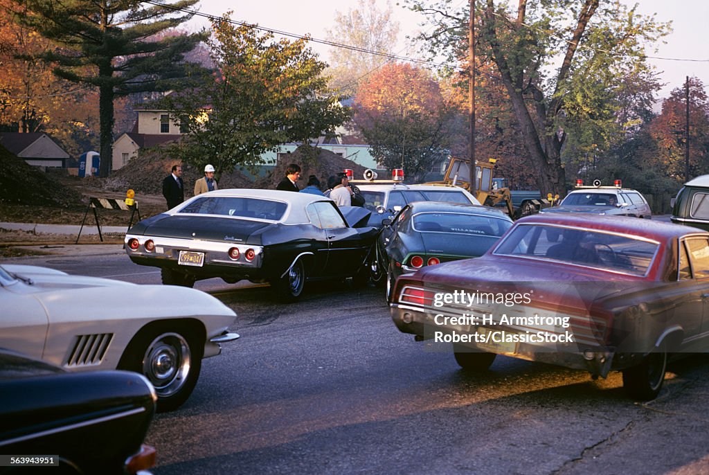 1970s MULTIPLE CAR CRASH...