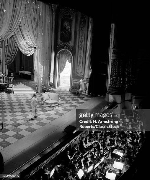 1960s OVERHEAD OF STAGE AND ORCHESTRA PIT AT PHILADELPHIA ACADEMY OF MUSIC PHILADELPHIA PENNSYLVANIA USA