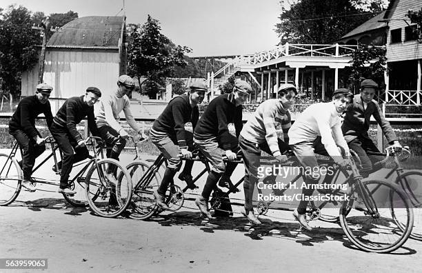 1890s 1900s TURN OF THE CENTURY LARGE GROUP OF MEN ON TANDEM & QUADRICYCLE BICYCLES