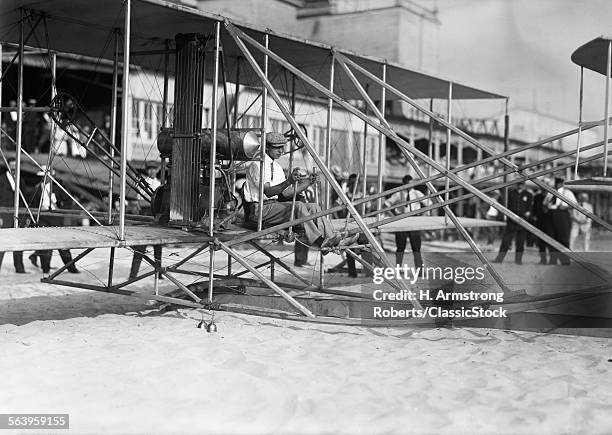 1900s PILOT WALTER BROOKINS SITTING IN WRIGHT BROTHERS AIRPLANE JULY 10 1910