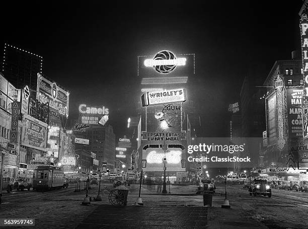 1935 NYC TIMES SQUARE LIGHTED AT NIGHT BROADWAY'S GREAT WHITE WAY