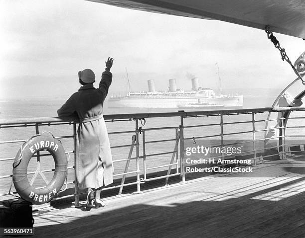 1930s BACK OF WOMAN AT RAIL OF CRUISE SHIP SS EUROPA