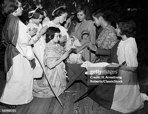 1950s CHILDREN BOYS GIRLS IN COSTUMES CHRISTMAS PLAY NATIVITY SCENE WISE MEN ANGELS LAMB JESUS MARY JOSEPH SHEPHERD