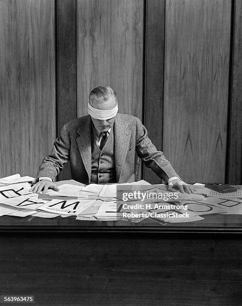 1940s BLINDFOLDED MAN IN OFFICE POST WAR SIGN ON DESK