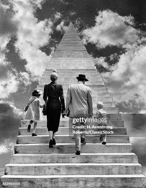 1950s BACK VIEW MONTAGE FAMILY FATHER MOTHER DAUGHTER SON WALKING UP STAIRWAY TOGETHER INTO THE SKY SYMBOLIC