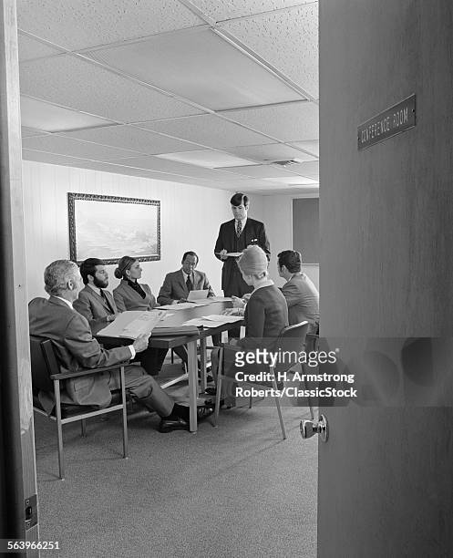 1970s GROUP 7 EXECUTIVE BUSINESS PEOPLE CONFERENCE TABLE VIEWED THROUGH OPEN DOOR