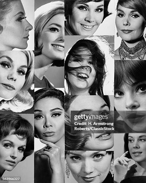 1960s 1970s MONTAGE OF CLOSE-UP PORTRAITS OF WOMEN'S HEADS EYES NOSES MOUTHS HAIR