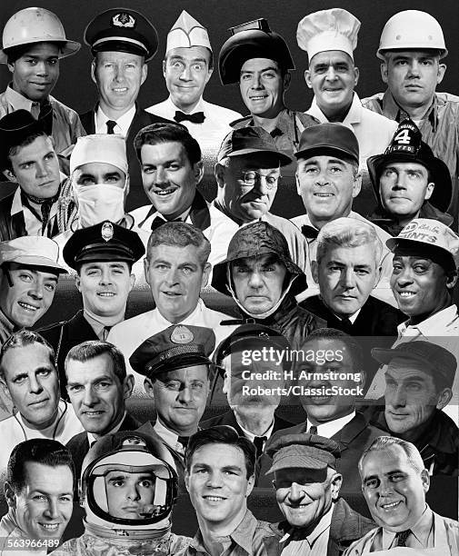 1960s 1970s MONTAGE OF HEADS OF 25 MEN OF DIFFERENT KINDS OF OCCUPATIONS ALL SMILING