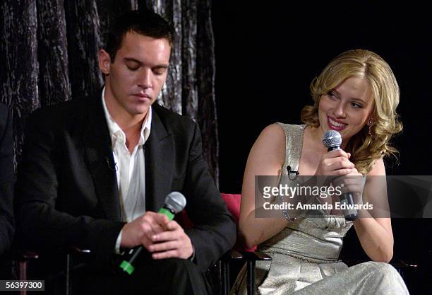 Actors Jonathan Rhys-Meyers and Scarlett Johansson participate in a Q&A session at the Variety Screening Series of "Match Point" at the Arclight...
