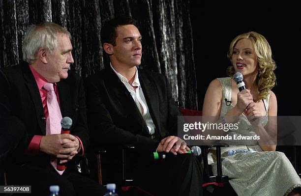 Actors Brian Cox, Jonathan Rhys-Meyers and Scarlett Johansson participate in a Q&A session at the Variety Screening Series of "Match Point" at the...