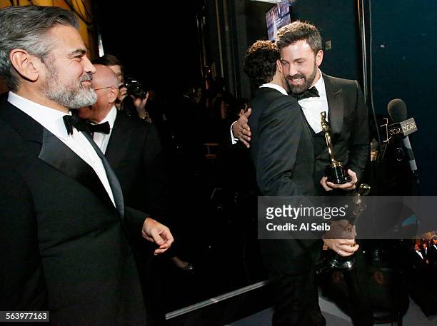 February 24, 2013 George Clooney, Ben Affleck and Grant Heslov backstage at the 85th Annual Academy Awards on Sunday, February 24, 2013 at the Dolby...
