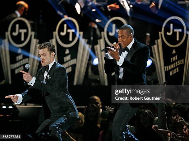 February 10, 2013 Justin Timberlake and Jay Z perform at the 55th Annual GRAMMY Awards at STAPLES Center in Los Angeles, CA. Sunday, February 10,...