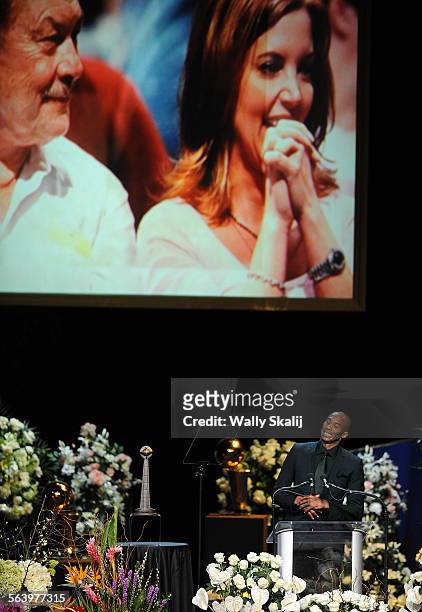 Kobe Bryant speaks during a memorial service for Lakers owner Jerry Buss at the Nokia Theatre Thursday.