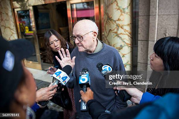 Bernard Diaz a resident of the Cecil Hotel for 32 years, speaks to members of the media in front of the Main Street hotel in downtown Los Angeles,...