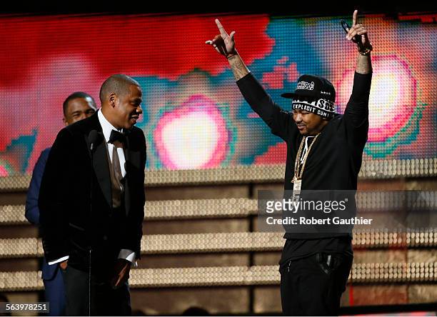 February 10, 2013 Jay-Z, front left, comments on headgear worn by The-Dream at the Grammys. Frank Ocean is behind Jay Z_ at the 55th Annual GRAMMY...