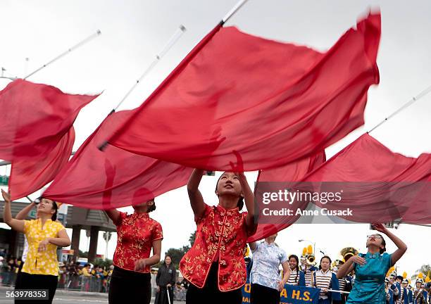 The color guard of La Quinta High School Marching Aztecs perform during the Tet parade sponsored by the Union of the Vietnamese Student Association...