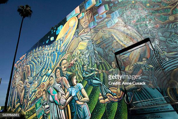 Mural in Salazar Park along Whittier Boulevard in East Los Angeles by Paul Botello entitled The Wall that Speaks, Sings and Shouts speaks to the...