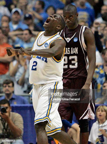 S Darren Collison reacts after scoring the winning basket with less than 10 seconds left in the game as Texas A&M Joseph Josh Carter stares in the...