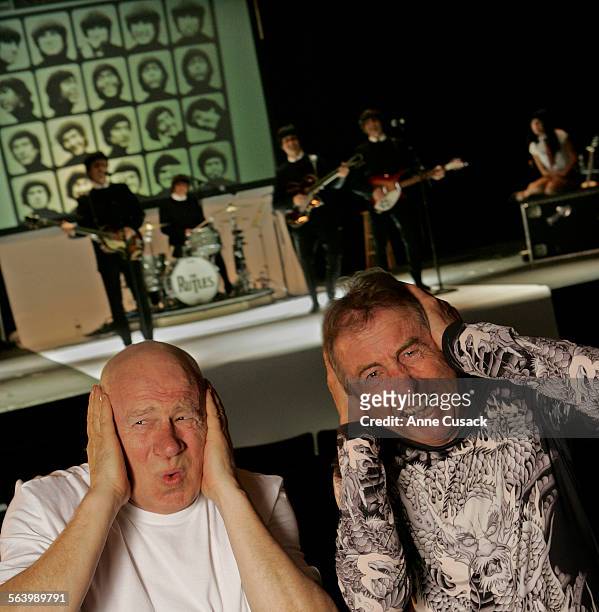 Actor Eric Idle and songwriter Neil Innes are photographed for Los Angeles Times at March 11, 2008 at Ricardo Montalban Theater in Hollywood,...