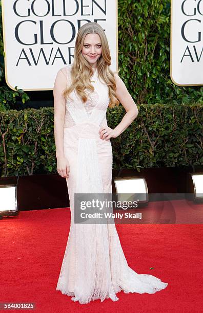 January 13, 2013 Amanda Seyfried arrives for the 70th Annual Golden Globe Awards show at the Beverly Hilton Hotel on January 13, 2013.