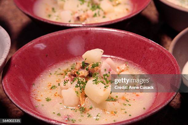 Rhode Island clam chowder clear as Chef Michael Cimarusti uses cherry stone clams to make three clam chowders: Rhode Island Clam Chowder clear, Rhode...