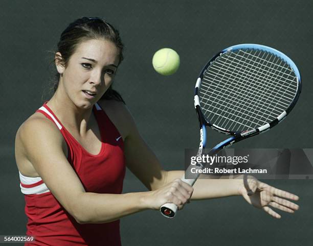 Mission Viejo High School tennis player Maggie Mello is photographed during a practice session at Mesa Verde Country Club in Costa Mesa on December...