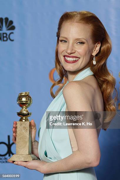 January 13, 2013 Jessica Chastain backstage at the 70th Annual Golden Globe Awards show at the Beverly Hilton Hotel on January 13, 2013.