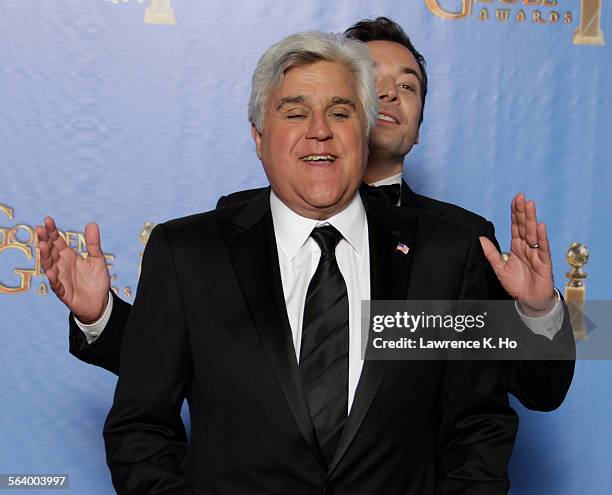 January 13, 2013 Jay Leno and Jimmy Fallon, backstage at the 70th Annual Golden Globe Awards show at the Beverly Hilton Hotel on January 13, 2013.