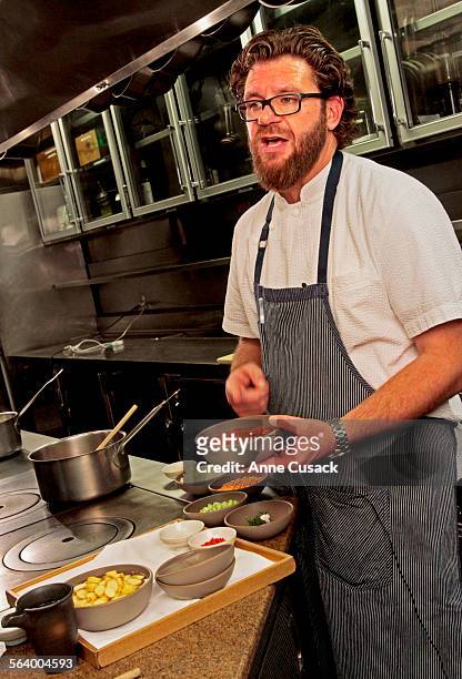 Chef Michael Cimarusti talks about making Manhattan Clam Chowder as he uses cherry stone clams to make three clam chowders: Rhode Island Clam Chowder...