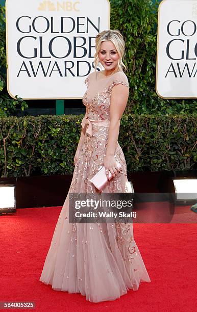 January 13, 2013 Kaley Cuoco arrives for the 70th Annual Golden Globe Awards show at the Beverly Hilton Hotel on January 13, 2013.