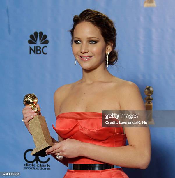 January 13, 2013 Jennifer Lawrence, Best Actress in a motion picture comedy or musical, backstage at the 70th Annual Golden Globe Awards show at the...