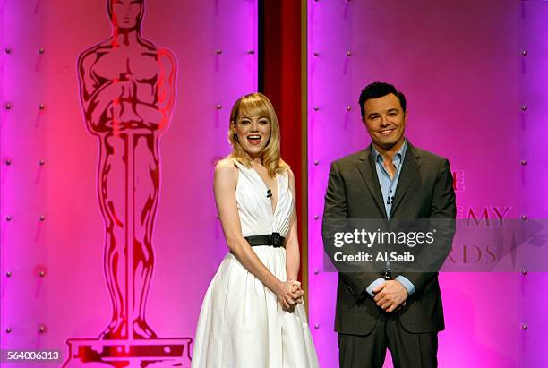 Seth MacFarlane and actress Emma Stone announce the Academy Award nominations at the Academy of Motion Picture Arts and Sciences Samuel Goldwyn...