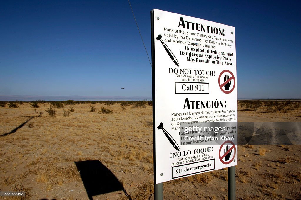 A warning sign posted at the former Salton Sea Test Base land. This land is included in the Salton