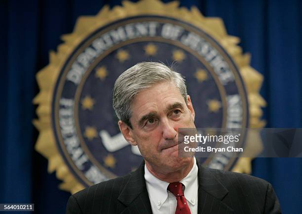 Director Robert S. Mueller holds a press conference at the West Los Angeles Federal Building in Westwood. He discussed the recent Torrance terrorism...