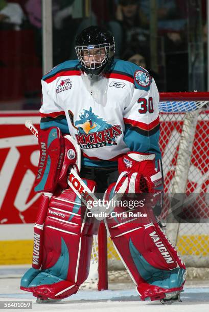 Goaltender Kristofer Westblom of the Kelowna Rockets defends his net against the Vancouver Giants during their WHL game on October 21, 2005 at the...