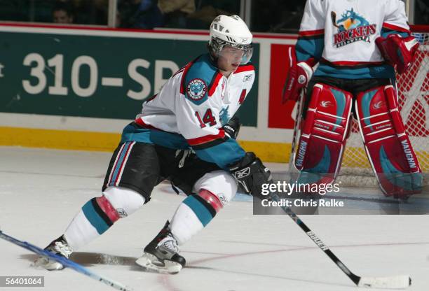 Blake Comeau#14 of the Kelowna Rockets skates against the Vancouver Giants during their WHL game on October 21, 2005 at the Pacific Coliseum in...