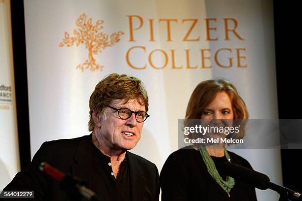 Actor and director Robert Redford and Laura Skandera Trombley, President of Pitzer College in Claremont, participate in a press conference at the Los...