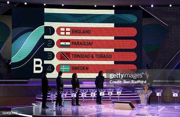 Group B containing England, Sweden, Trinidad and Tobago and Paraguay is displayed during the World Cup draw December 9, 2005 in Leipzig, Germany.