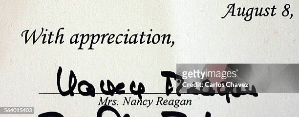 The signature of the First Lady Nancy Reagan on an Award certificate to Norma Stafford,75 of Thousand Oaks, for her work as a volunteer docent at the...