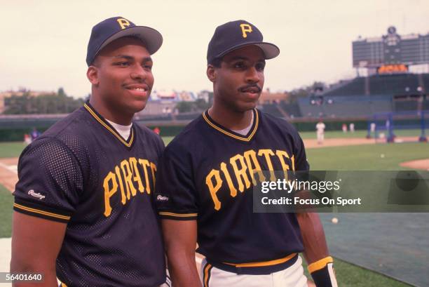 Pittsburgh Pirates teammates Bobby Bonilla and Barry Bonds pose during batting practice before the All Star Game at Wrigley Field on July 10, 1990 in...