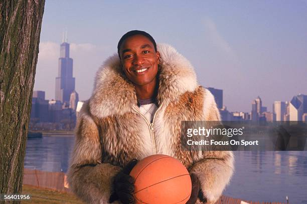 Isiah Thomas of the Detroit Pistons poses in his street clothes circa 1987 in Chicago, Illinois.