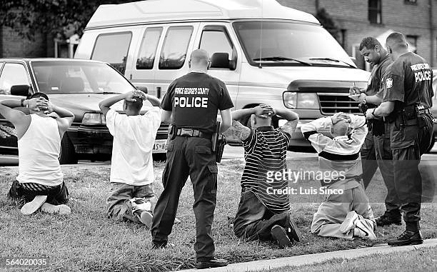 Prince George's County Police officers shake down a group of Mara Salvatrucha gang members at a lowincome apartment complex in Langley Park, Md....