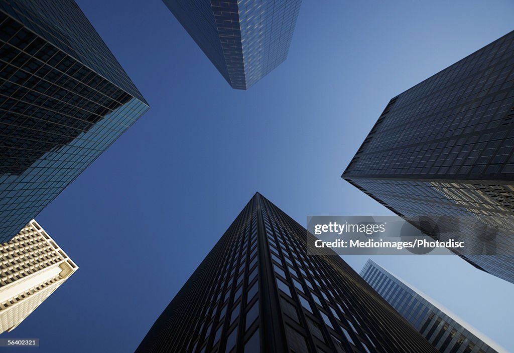 Low angle view of skyscrapers in Manhattan, NY, USA