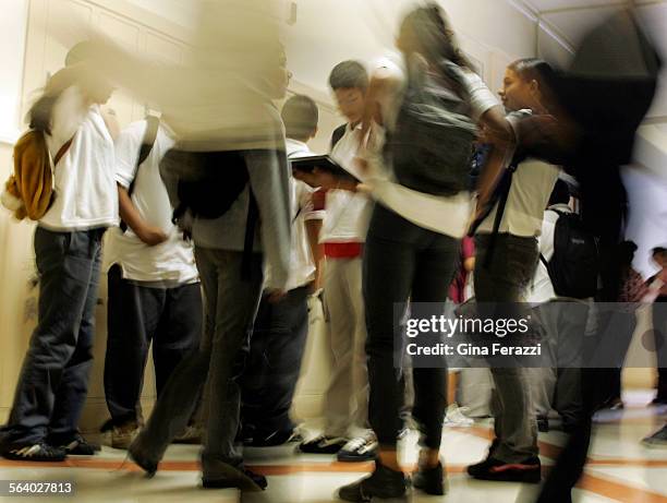 Middle school students mingle in the hallway after seventh grade math class at Virgil Middle School in Koreatown, Tuesday, Aug. 16,2005. Recent test...